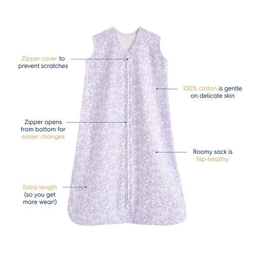 HALO SleepSack, 100% Cotton Wearable Blanket, Swaddle Transition Sleeping Bag, TOG 0.5, Aster Flowers-purple, Medium, 6-12 Months