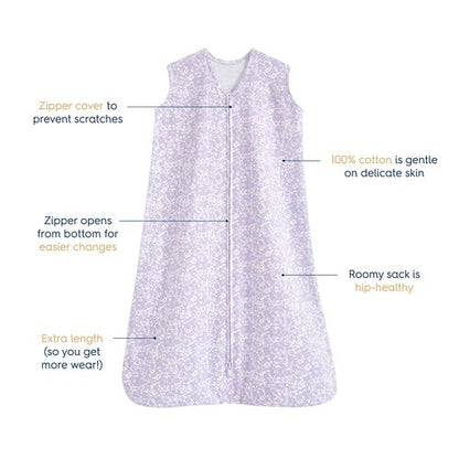 HALO SleepSack, 100% Cotton Wearable Blanket, Swaddle Transition Sleeping Bag, TOG 0.5, Aster Flowers-purple, Medium, 6-12 Months