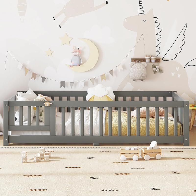 Twin Size Montessori Floor Bed with Door, Fence & Slats – Grey + Twin