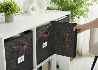 DECOMOMO Storage Baskets - 13x15x13 Cube Bins with Labels for Organized Kallax Shelves | 4-Pack, Black Pattern