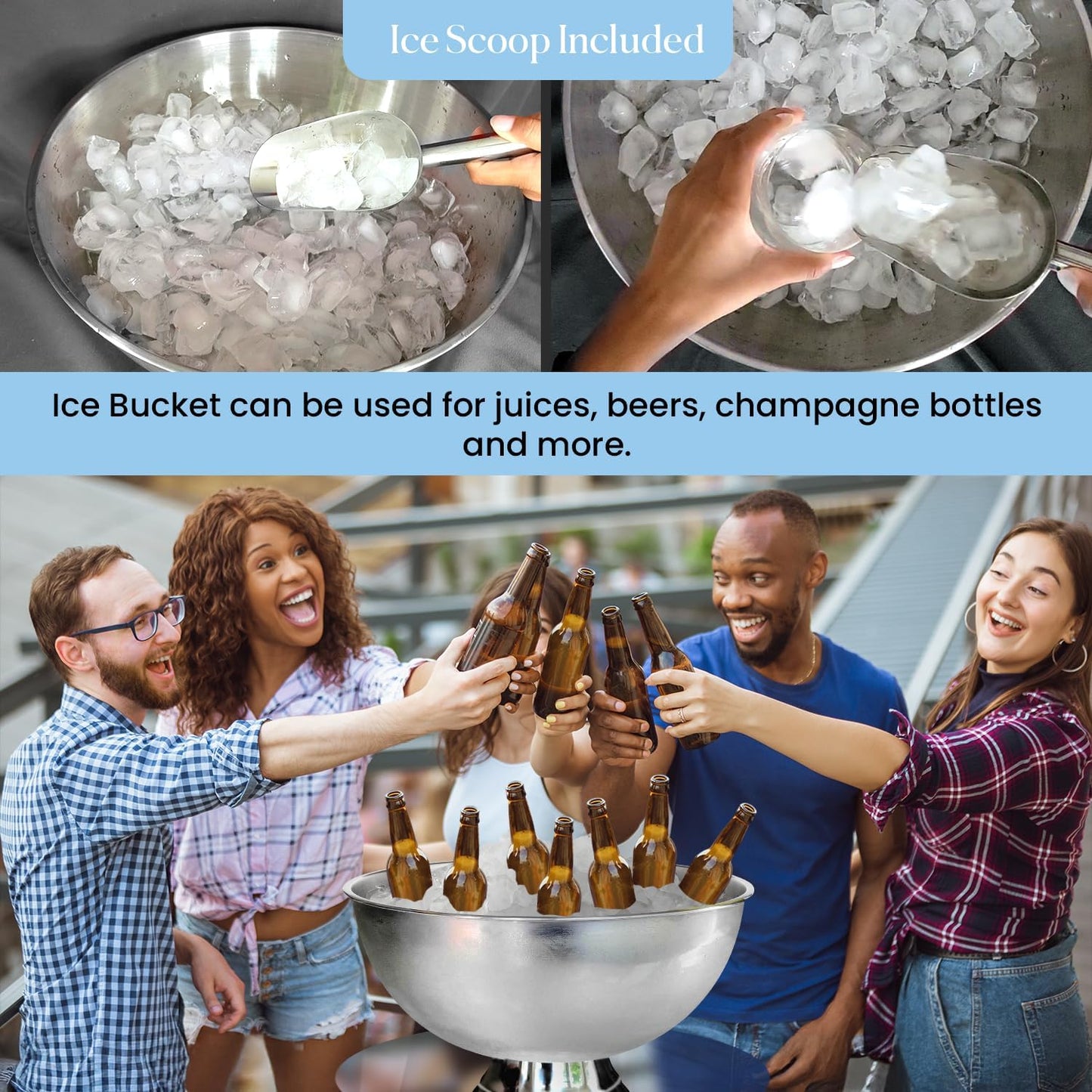 Premium 12L Large Ice Bucket for Parties – 16"x16"x10" Silver Stainless Steel Beverage Tub with Scoop – Insulated Ice Bucket for Cocktail Bar, Beers & Champagnes – 1.77kg Drink Bucket for Celebrations
