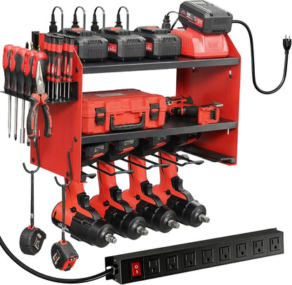 Power Tool Organizer - Heavy Duty Wall Mount with Charging Station & 4 Drill Holders | Red