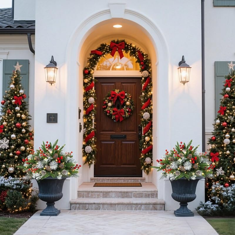 Outdoor Urn Filler Set of 2 Lighted Outdoor Christmas Trees – Battery Powered, 13.78" with 50 LEDs, Timer, Ground Stakes (Variation A)