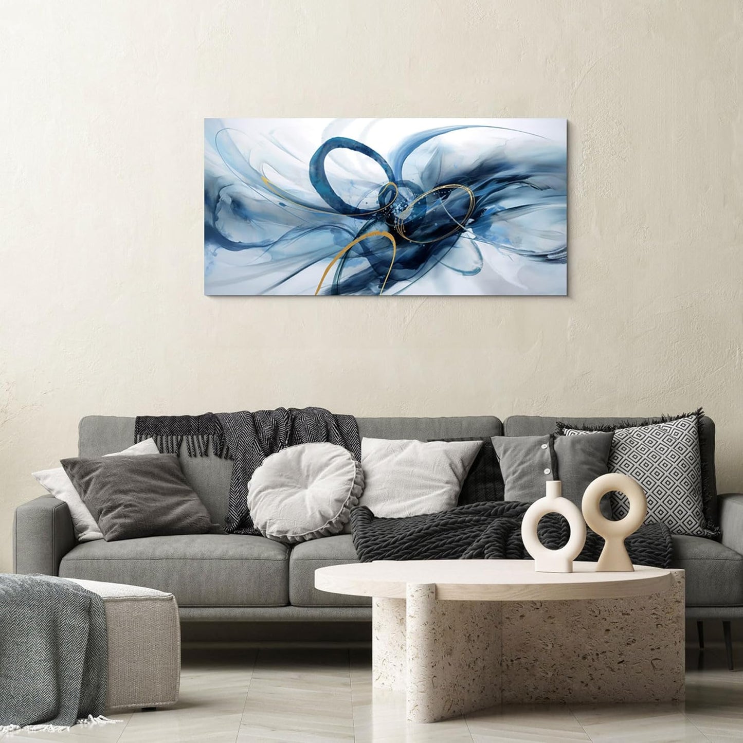XLSJERST Abstract Wall Art - Large Blue and White Canvas for Modern Minimalist Home Decor | 40x20 Inches