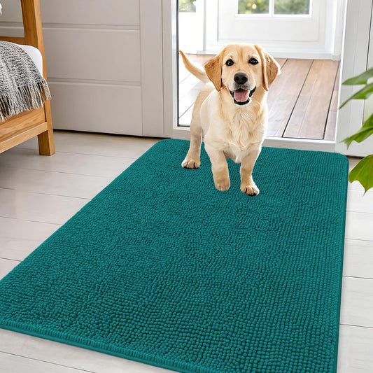 OLANLY Dog Door Mat for Muddy Paws 44x32, Absorbs Moisture and Dirt, Absorbent Non-Slip Washable Doormat, Quick Dry Chenille Mud Mat for Dogs, Entry Indoor Entryway Carpet for Inside Floor, Lake Blue