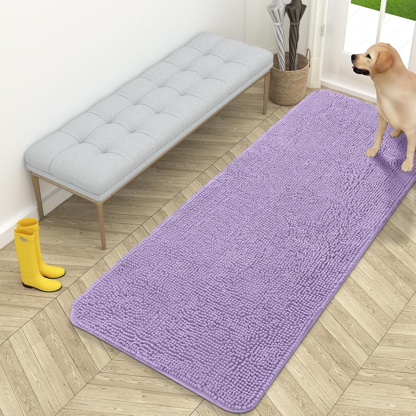 OLANLY Dog Door Mat - Absorbent Non-Slip Chenille for Muddy Paws | 59x24 Inches, Quick Dry Lavender