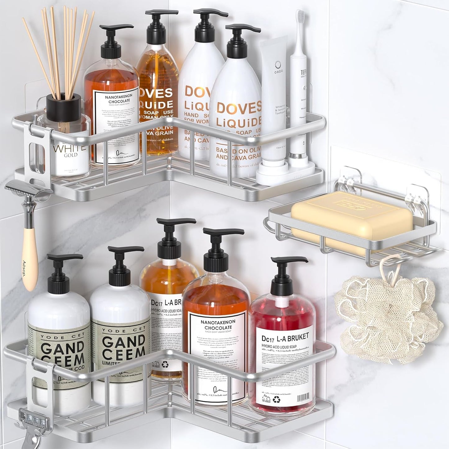 YASONIC Corner Shower Caddy Organizer - Rustproof Bath Shelves with Soap Holder & 4 Hooks | Large Capacity, Silver (3-Pack)