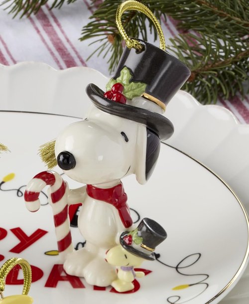 Lenox Snoopy & Woodstock Ornament - Porcelain Candy Cane Design with Gold Cord | Christmas Decor