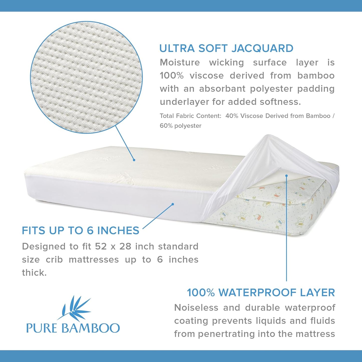 Pure Bamboo Bamboo Crib Mattress Protector - Waterproof, Breathable & Noiseless Cover | Fits 52x28x6 Inch Mattress