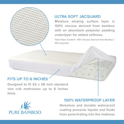 Pure Bamboo Bamboo Crib Mattress Protector - Waterproof, Breathable & Noiseless Cover | Fits 52x28x6 Inch Mattress