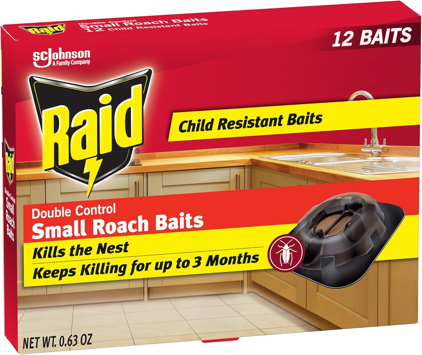 Raid Double Control Roach Baits - Child Resistant Indoor Solution | Kills Roaches for 3 Months, 12 Count