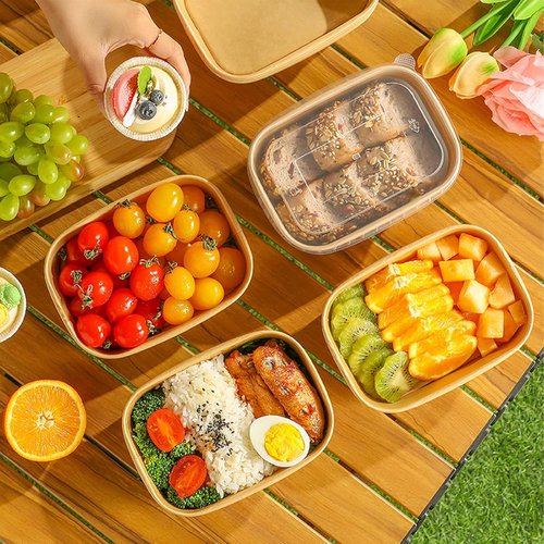 DI QIU REN 50-Pack 25oz Paper Bowls - Disposable Meal Prep Containers with Lids & Forks | Kraft Rectangular Design
