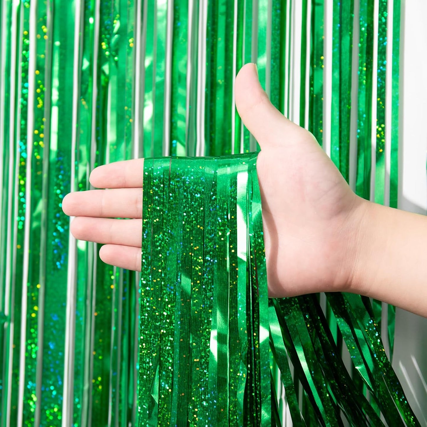Voircoloria Laser Green Foil Fringe Backdrop Curtains - 3 Pack Tinsel Streamers for Parties & Events
