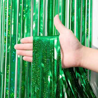 Voircoloria Laser Green Foil Fringe Backdrop Curtains - 3 Pack Tinsel Streamers for Parties & Events