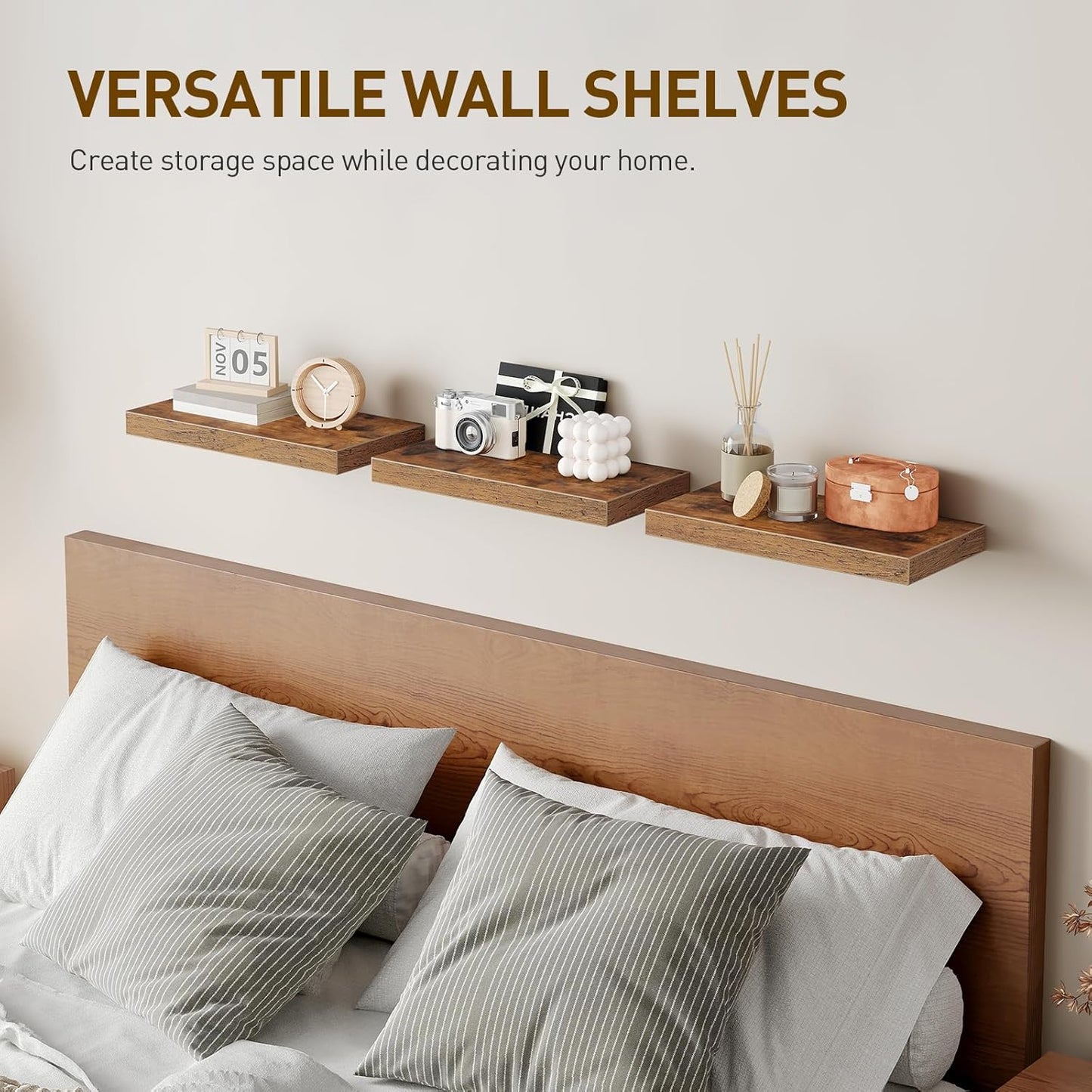 RALGEND Floating Wall Shelves - Set of 3 Rustic Brown 1.5" Thick with Invisible Brackets | 15.7L x 7.9W for Home Decor