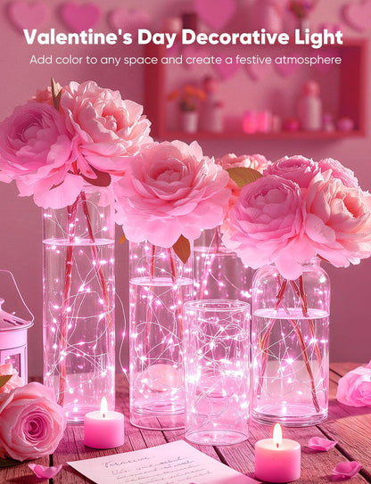 Minetom 12 Pack Pink Christmas Lights | 7ft 20 LED Battery Operated Fairy Lights for Valentine's Day Decor