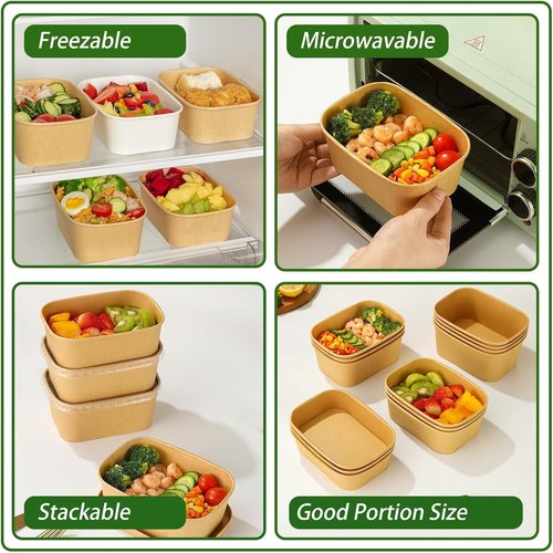DI QIU REN 50-Pack 25oz Paper Bowls - Disposable Meal Prep Containers with Lids & Forks | Kraft Rectangular Design