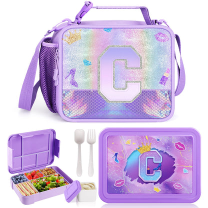 JYPS Bento Box for Kids with Leak-proof Insulated Lunch Bag,BPA Free Kids Lunch Box with 6 Compartment,Salad Container,Utensils,Perfect Lunchbox for Girls and Toddlers Back to School (Purple C)