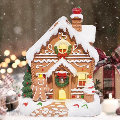 Hodao Gingerbread House Decor Figurine - Battery-Powered 5.1" Resin Village for Festive Indoor Displays