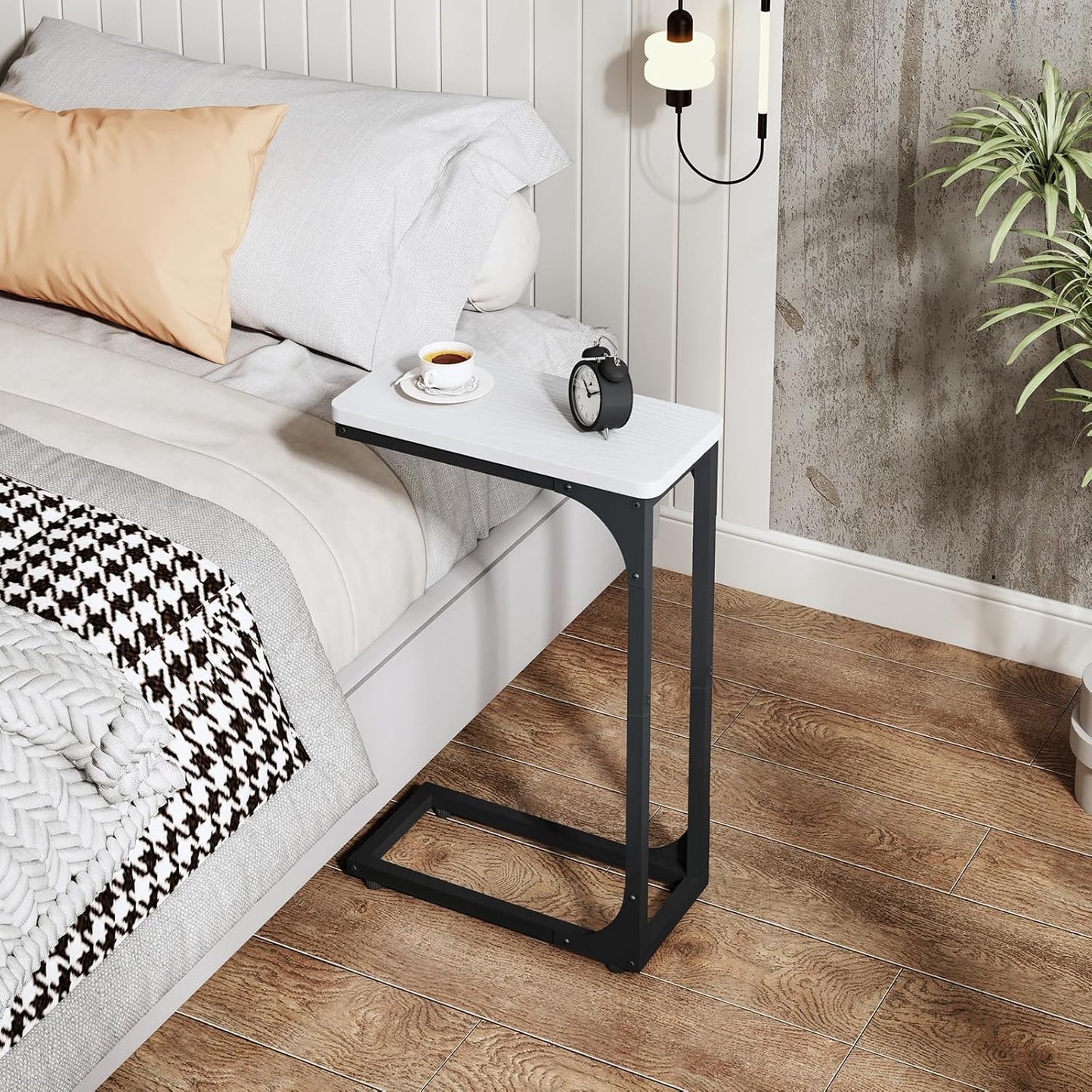 QEEIG Narrow C Shaped Side Table Set - Slim Modern Couch Tray Tables in White & Black | 7-Inch Width