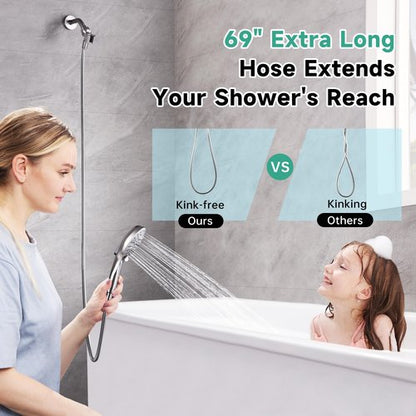 BRIGHT SHOWERS High Pressure Shower Head with Handheld, 9 Spray Settings Showerhead Built in Power Wash to Clean Tub and Pets, Extra Long 69" Hose, Adjustable Bracket, Brushed Nickel
