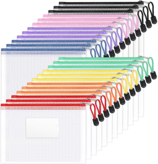 Sooez 24-Pack Mesh Zipper Pouch Bags - Clear A5 Pencil Case with Label Pocket for Organizing