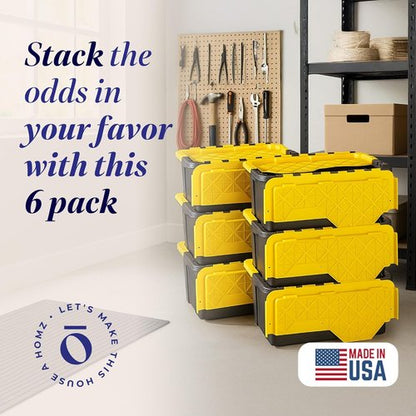 HOMZ 6-Pack Heavy Duty Plastic Storage Bins - 15 Gallon Stackable Totes with Lids, Black/Yellow