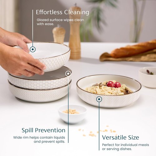 KooK Ceramic Pasta Bowls - Large Capacity Serving Bowls for Stews & Salads | Set of 4, Ivory with Dark Copper Accents, 40 oz