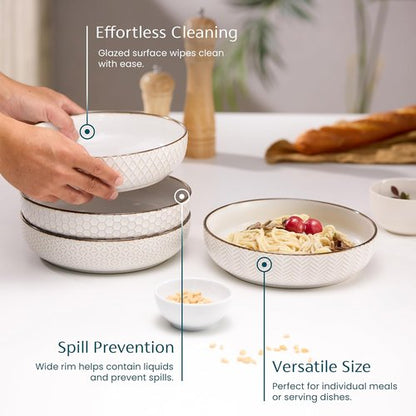 KooK Ceramic Pasta Bowls - Large Capacity Serving Bowls for Stews & Salads | Set of 4, Ivory with Dark Copper Accents, 40 oz