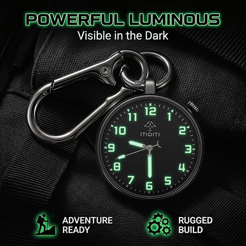 Clip On Pocket Watch with Luminous Dial, Carabiner Clip - Silver Case, Black Dial (1.54 in) - ITIOITI