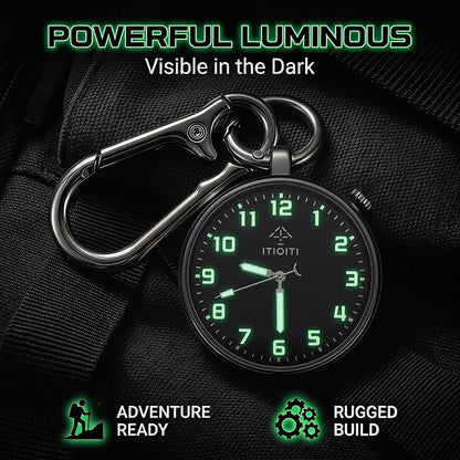 Clip On Pocket Watch with Luminous Dial, Carabiner Clip - Silver Case, Black Dial (1.54 in) - ITIOITI