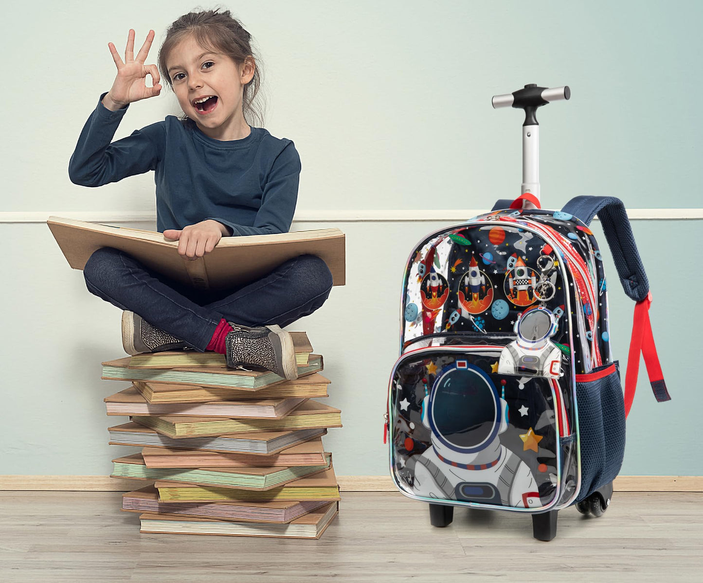 MOHCO Clear Rolling Backpack Kids Wheeled School Bookbag for Boys and Girls (Astronaut)