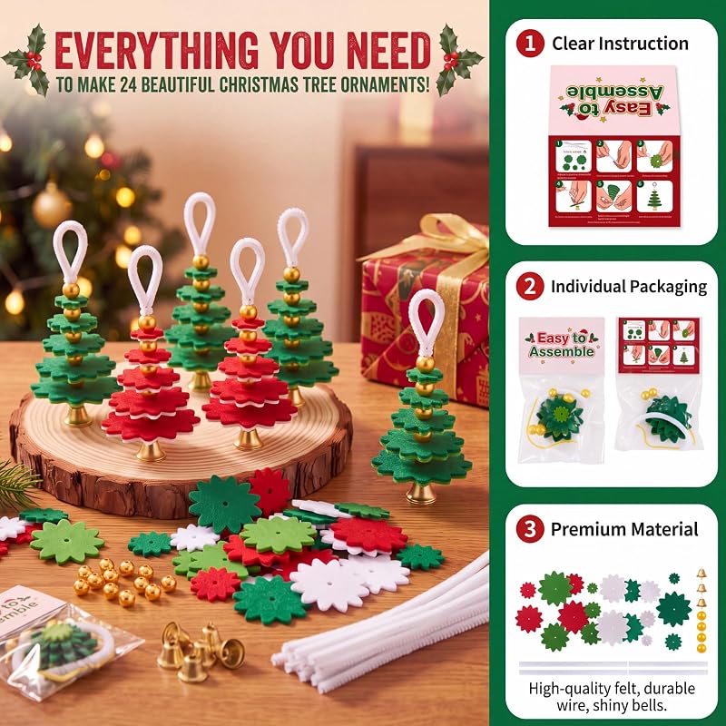 Hollowfly 50-Piece Felt Christmas Ornament Craft Kit - DIY Holiday Ornaments, Easy to Assemble, Includes Instructions (Variation: 50)