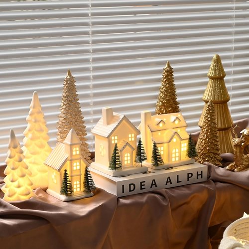 AOMOONOA Ceramic White Christmas Village Houses - 3-Piece LED Lighted Tabletop Decor Set with Trees