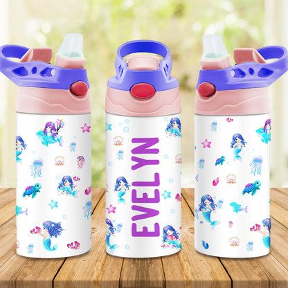 Personalized Kids Water Bottle | 12 Oz Double Wall Insulated Stainless Steel Tumbler | Custom Name Leak-Proof Cup with Straw | Back to School Gift for Toddlers, Children, Boys, Girls | Mermaid