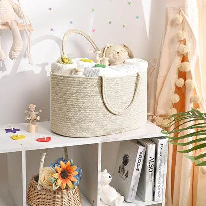 Skiennix 19L Baby Diaper Caddy Organizer - Cotton Rope Storage Basket with Removable Divider, Perfect for Nursery & Baby Showers