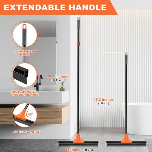 JEHONN Heavy Duty Floor Squeegee - 58.3-Inch Long Handle Rubber Scraper for Indoor/Outdoor Cleaning
