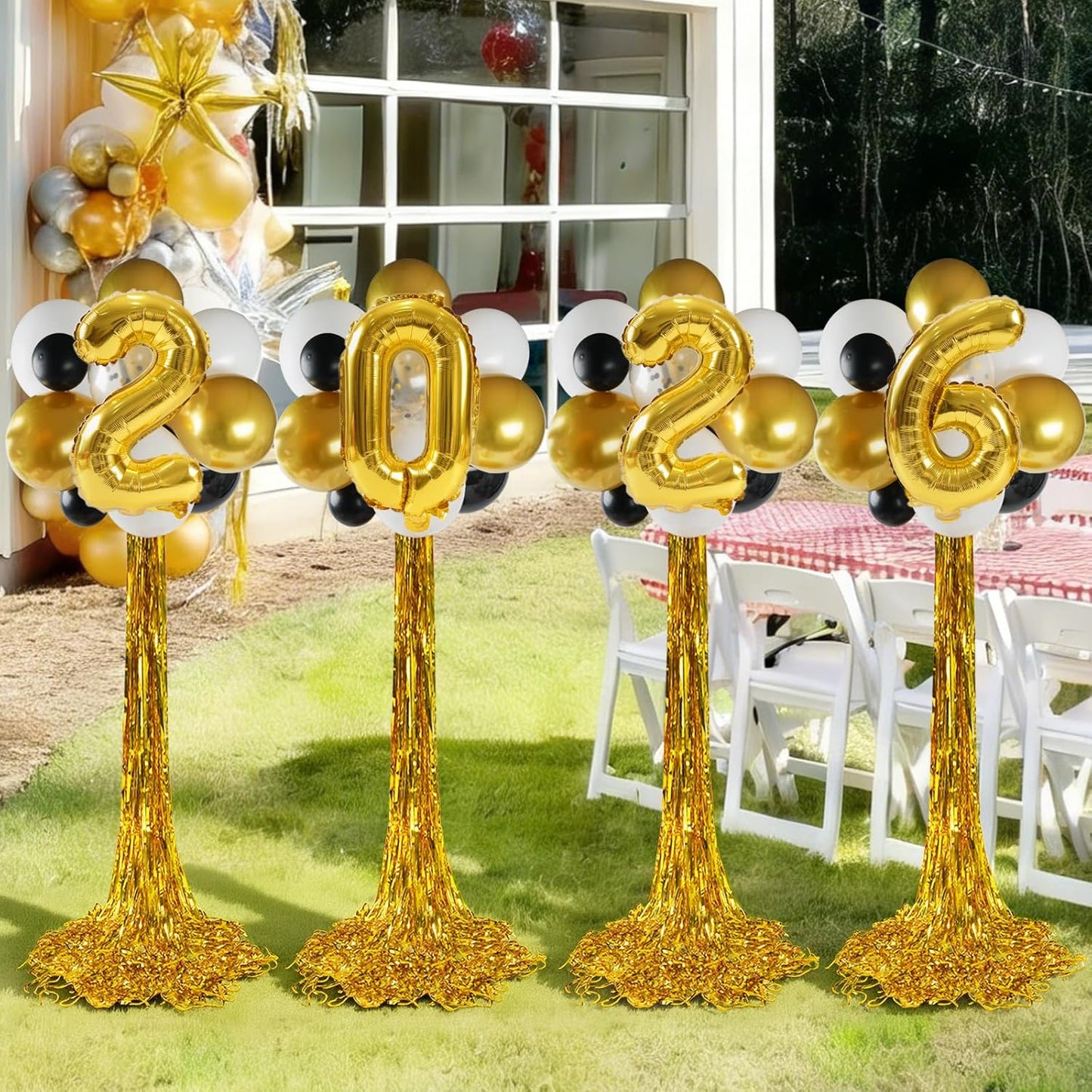 2026 Graduation Balloon Columns Kit - Set of 4 Stands with Gold Fringe Curtain for Party Decor
