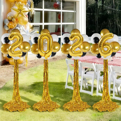 2026 Graduation Balloon Columns Kit - Set of 4 Stands with Gold Fringe Curtain for Party Decor