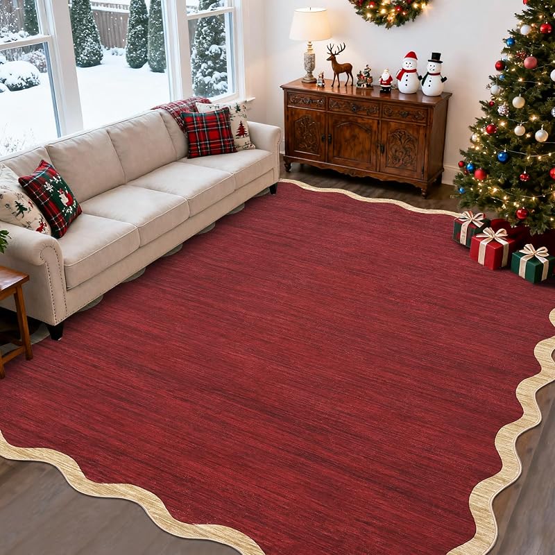 Christmas Red Scalloped 2x10 Runner Rug - Non-Slip, Machine Washable, Stain-Resistant