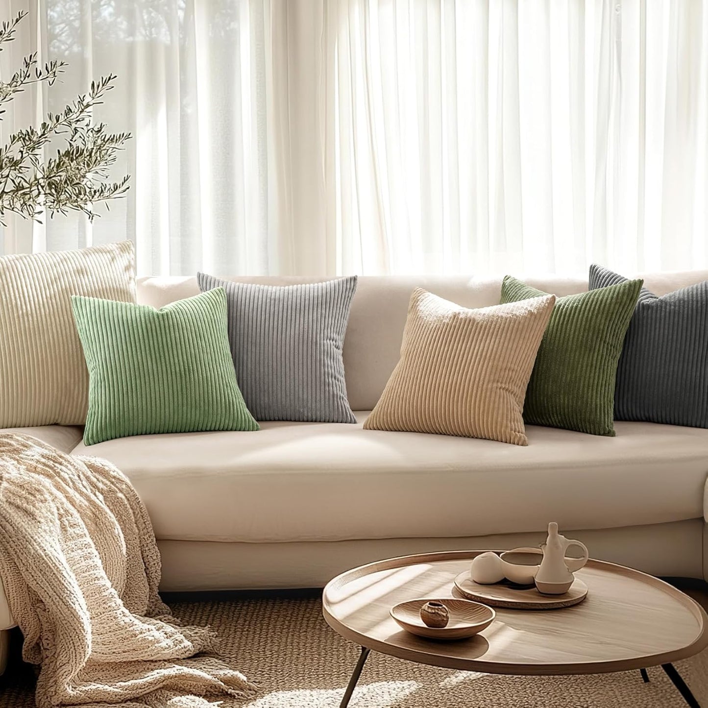 MIULEE Soft Olive Green Decorative Pillow Covers - Set of 2 Square Cushion Cases | 18 x 18 Inch