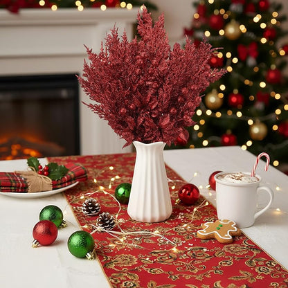 12 Pcs Glitter Christmas Picks Decoration Spray Pine - Burgundy (Variation: Burgundy)