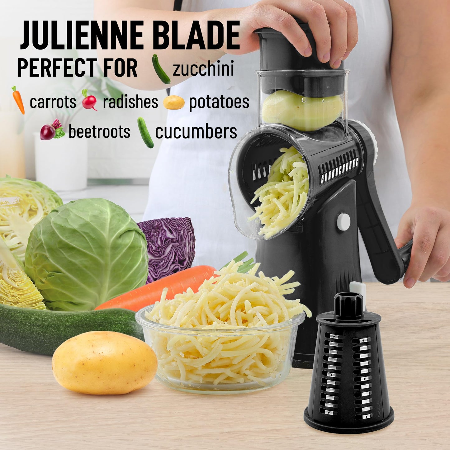 Zulay Kitchen Rotary Cheese Grater 5 Blade Cheese Shredder - Manual Hand Crank Cheese Grater With Reinforced Suction & 5 Interchangeable Drums - Easy to Use, Vegetable Chopper Round Mandoline Slicer