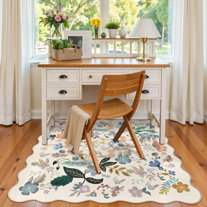 Skiennix Washable 4x4 Square Area Rug - Floral Scalloped Soft Non-Slip Mat for Living Room & Nursery (Cream)