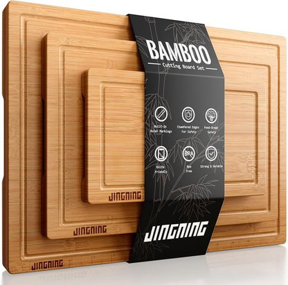 JINGNING Wooden Cutting Board Set of 3 - Anti-Cut Chopping Boards with Ruler | Small, Medium, Large