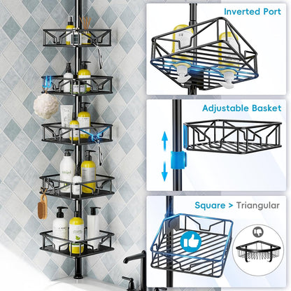 Skycarper 5-Tier Adjustable Corner Shower Caddy - Rustproof Tension Pole, 62-116 Inch, Black