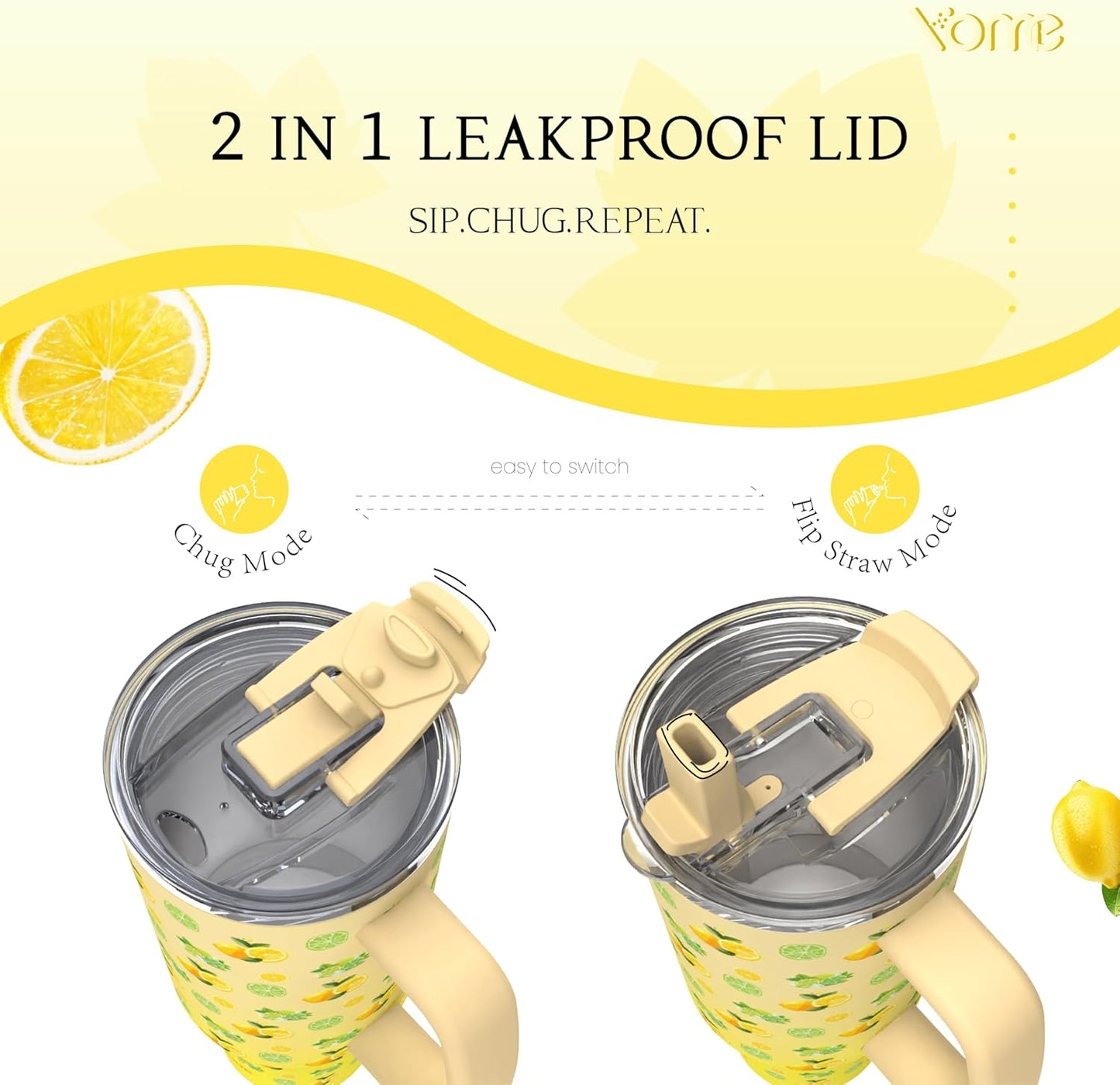 YOME 40 oz Lemon Yellow Tumbler - Insulated Stainless Steel Water Bottle with Handle & Flip Straw | Dishwasher Safe, Cupholder Friendly