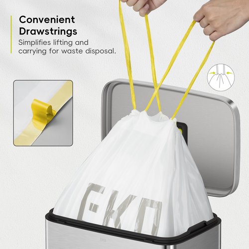 EKO 13 Gallon / 40-60 Liter, 60 Count Drawstring Trash Bags, Extra-Strong Unscented Garbage Bags, Easy-Dispense Roll for Kitchen & Household Use, Leak-Resistant, Code F, White