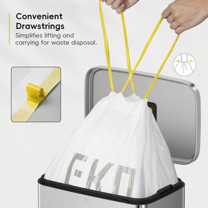 EKO 13 Gallon / 40-60 Liter, 60 Count Drawstring Trash Bags, Extra-Strong Unscented Garbage Bags, Easy-Dispense Roll for Kitchen & Household Use, Leak-Resistant, Code F, White