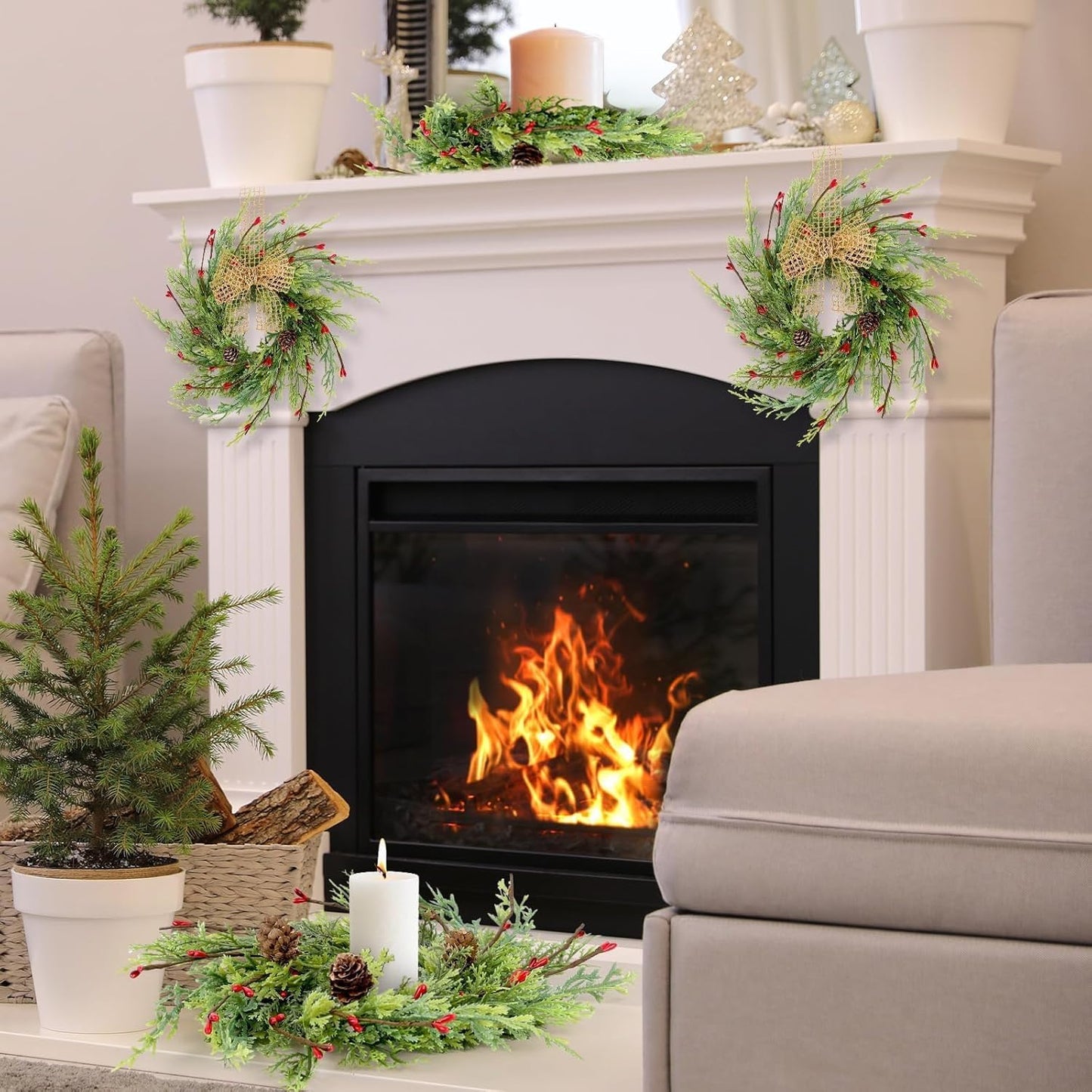Skiennix 8 Pcs Artificial Christmas Candle Rings - 9 Inch Cedar Pine Garland Wreaths with Red Berries & Pinecones